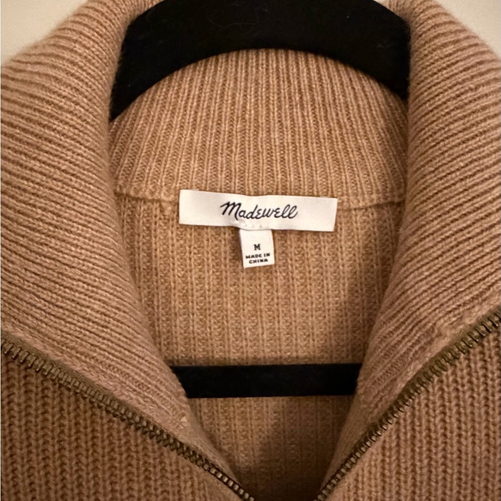 Madewell Ribbed Tan Zip-Up Wool Blend Sweater | Size Medium - Picture 2 of 3
